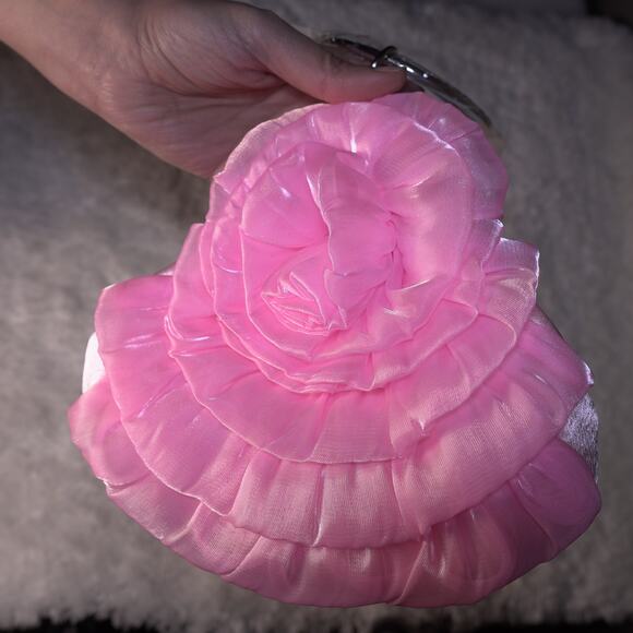 NWT Satin Rose Mini Evening Clutch Purse w/ Kiss Lock Handle Chain Barbie Pink - Picture 2 of 7